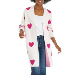 NWT! Crown & Ivy Pink Hearts Long Open Cardigan Valentine's Day